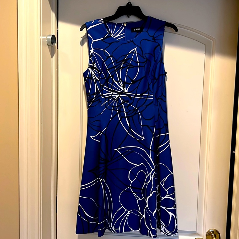 DKNY blue, white and black flair dress